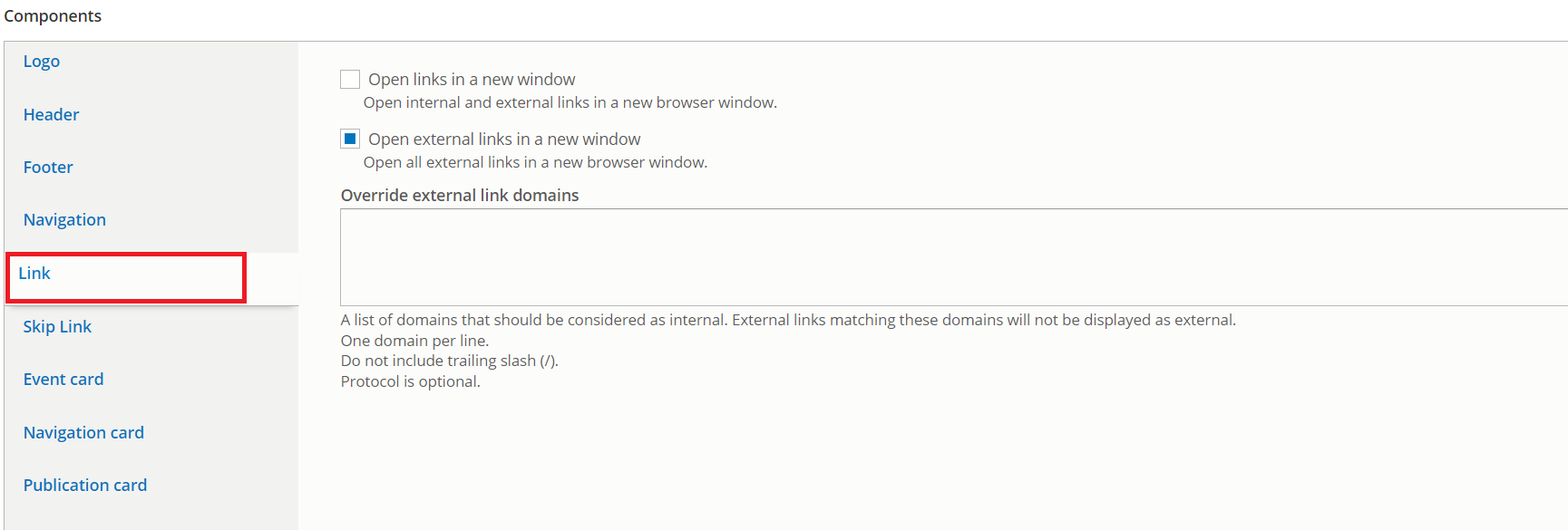 Link settings in the theme setting area