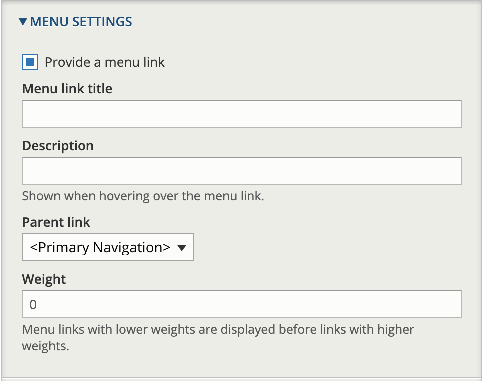 Menu settings fields. Menu link title, Description, Parent link, Weight