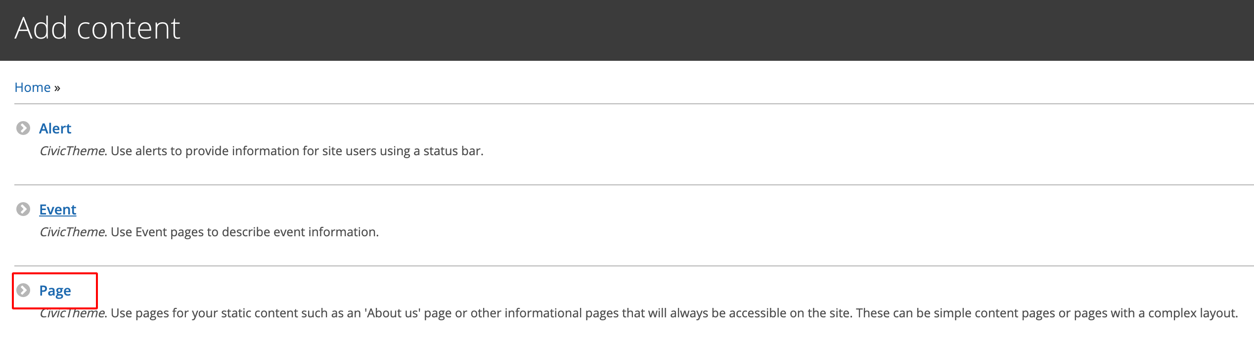 Back end edit interface for the Add content screen