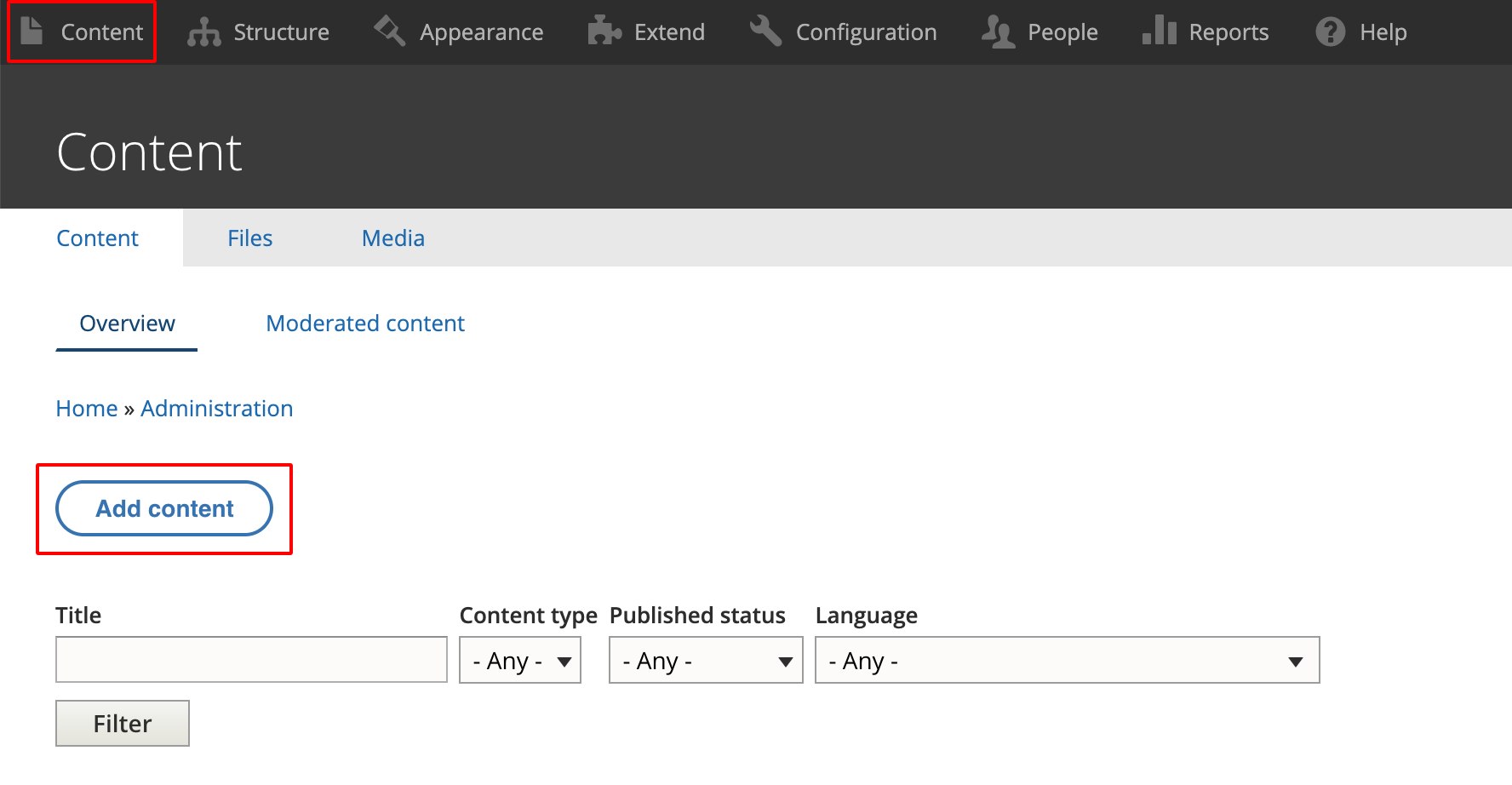 Add Content page in the Drupal back end edit interface