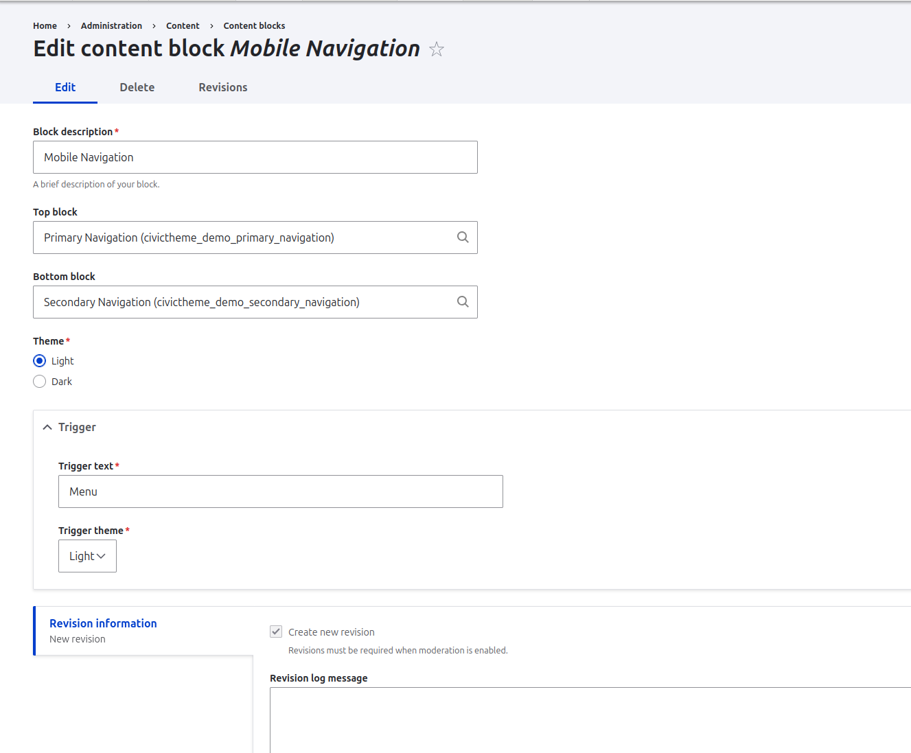 Mobile Navigation Block Configuration