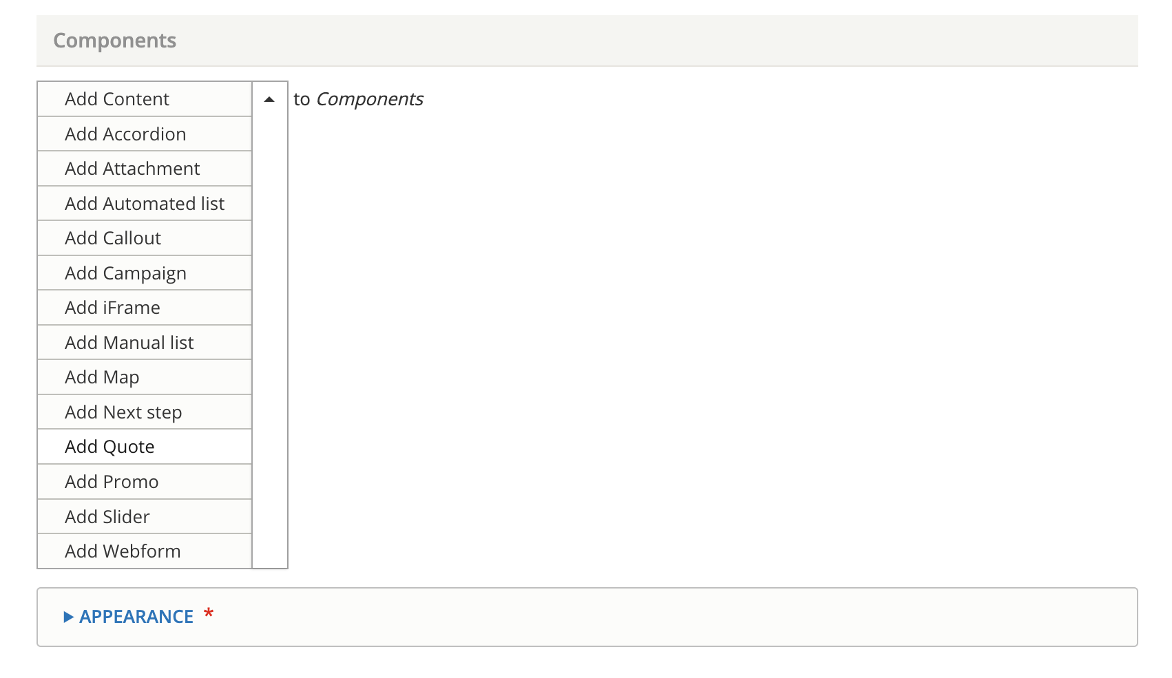Dropdown box showing the list of available components for the Page content type