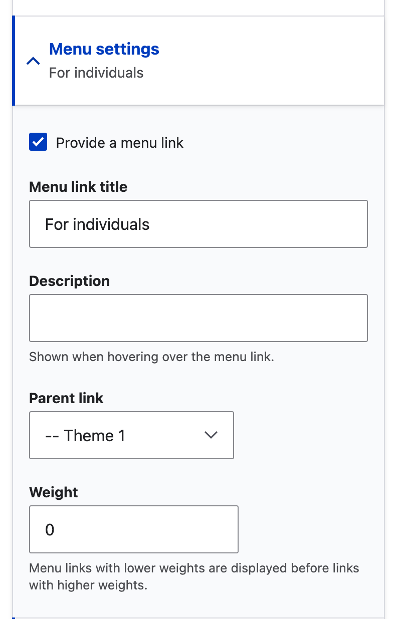 In page menu link settings screenshot